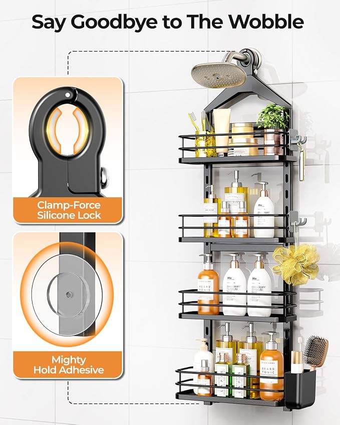 ODesign 4 Tier Height-Adjustable Shower Caddy Hanging Anti-Swing-Over The Shower Head Caddy-Sho wer Storage Organizer Bathroom Shelves Basket Caddies-Black