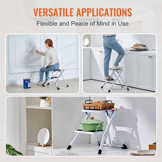 VEVOR Step Ladder 2-Step 330lbs Capacity, Ergonomic Folding Steel Step Stool with Wide Anti-Slip Pedal, Sturdy Step Stool for Adults Toddlers, Multi-Use for Household, Kitchen, Office, RVs