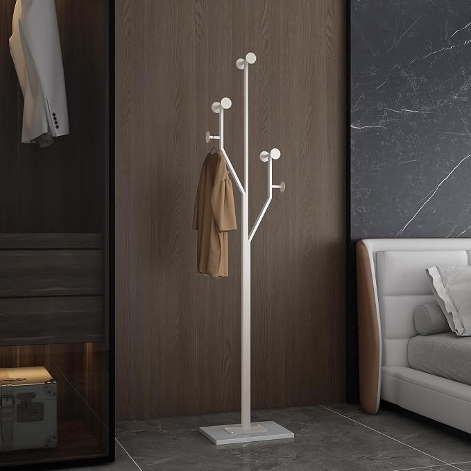 JIAYUEJU Heavy Duty Coat Rack Tree-shaped Metal Freestanding Coat Tree with Sturdy Marble Base Corner Coat Rack for Bedroom Entryway Hallway 14.96 x 10.24 x 68.9 Inches (White)