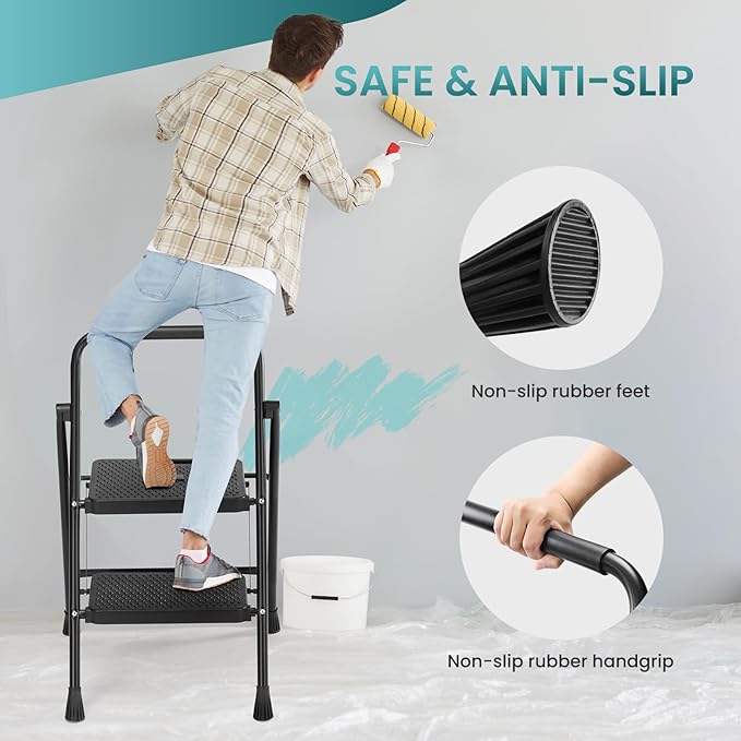 Smug Step Ladder, 2 Step Stool Foldable with Anti-Slip Pedal & Comfortable Handrail, 800lbs Capacity Sturdy Steel Ladder, Protable Heavy Duty Step Stool for Kitchen, Garage & Outdoor Use, Black