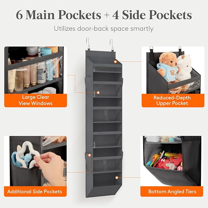 Lifewit 1 Pack Over the Door Organizer, 6 Section Clear Window Hanging Storage with 4 Side Pockets, Sturdy Anti Tilt 40 lbs Load Behind Door for Closet, Bedroom, Bathroom, Nursery, Dorm, Dark Gray