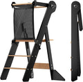 COSYLAND Foldable Toddler Standing Tower - Adjustable Height Folding Step Stool Kid Toddler Kitchen Stool for Learning and Cooking - Ages 18 Months to 6 Years with Safety Net Natural & Charcoal