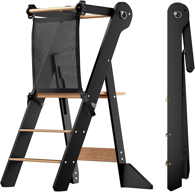 COSYLAND Foldable Toddler Standing Tower - Adjustable Height Folding Step Stool Kid Toddler Kitchen Stool for Learning and Cooking - Ages 18 Months to 6 Years with Safety Net Natural & Charcoal