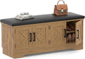 Farmhouse Shoe Storage Bench with Cushion - 43.3" Entryway Bench with Storage & 4 Barn Doors, 2-Tier Wooden Shoe Rack Bench, Shoe Cabinet & Mudroom Bench for Bedroom Hallway Living Room, Brown Oak