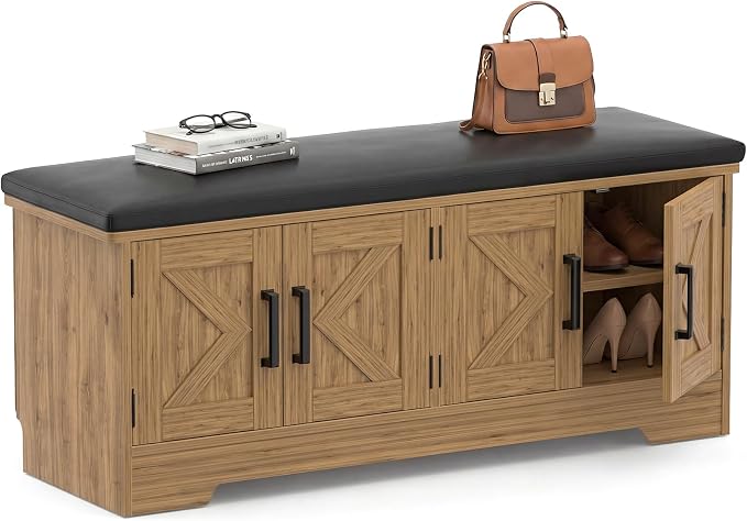 Farmhouse Shoe Storage Bench with Cushion - 43.3" Entryway Bench with Storage & 4 Barn Doors, 2-Tier Wooden Shoe Rack Bench, Shoe Cabinet & Mudroom Bench for Bedroom Hallway Living Room, Brown Oak
