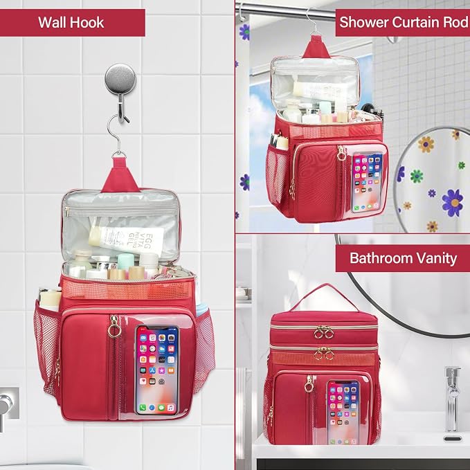 Portable Shower Caddy College Dorm Essentials, Large Toiletry Bag for Women Men, 2 Layers Quickly Dry Mesh Bathroom Tote Bag, Hanging Makeup Organizer Bag for Travel, Gym, Camping (Wine Red)