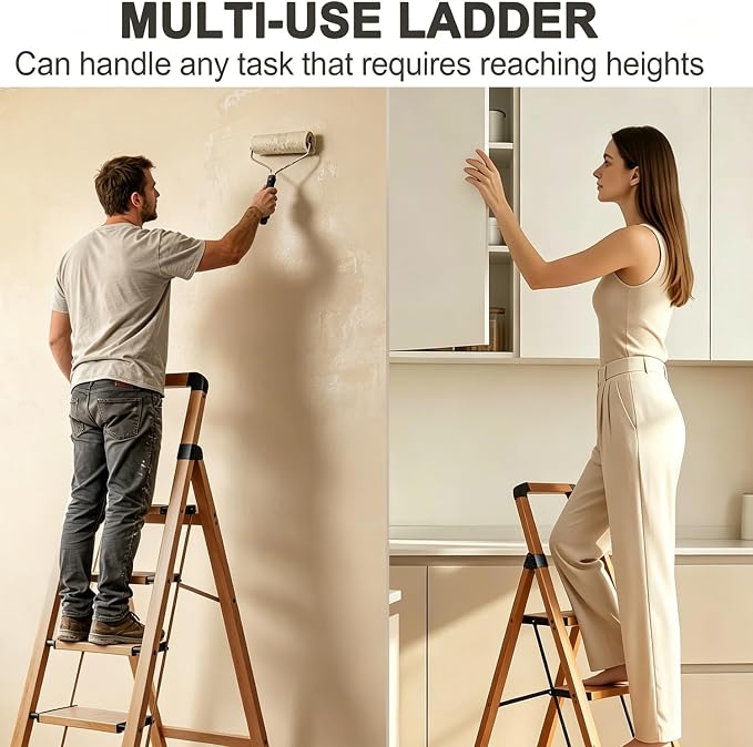 Step Ladder 4-Step Woodgrain Finish Aluminum Folding Ladders