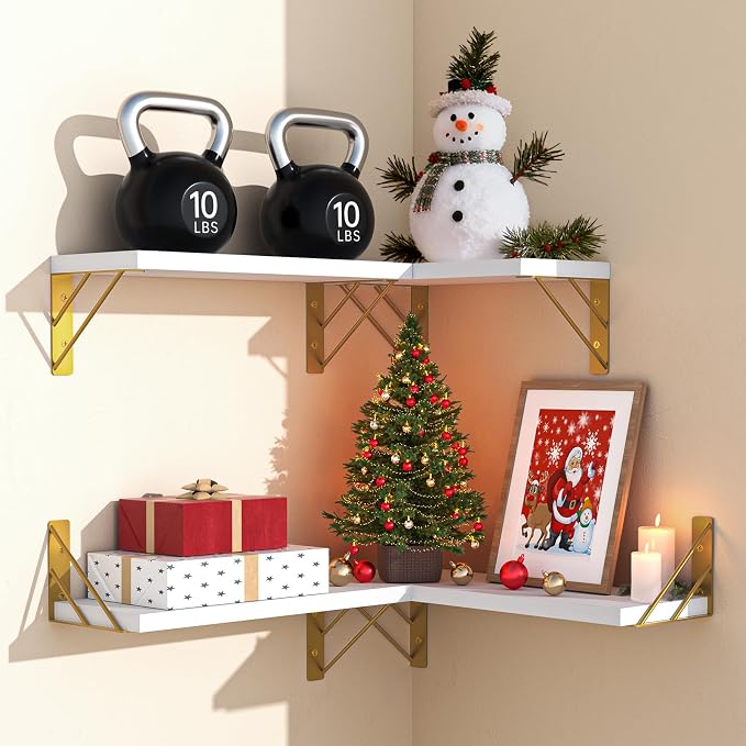 BAYKA Wall Shelves for Bedroom Decor, Floating Wall Shelf for Living Room Kitchen Storage, Mounted Rustic Wood Shelves for Kids Books, Christmas Decorations for Room(White and Gold，Set of 4)