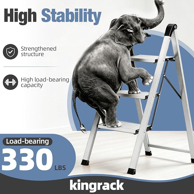 KINGRACK Aluminum Step Ladder, 3 Step Ladder Folding Design, Step Stool Foldable with Safe Grip, Non-Slip Handrails, Safety Lock, Heavy Duty 330LBS for Home, Kitchen, Garage, RV, Silver