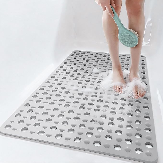 Tiamo Large Bathtub Mat 20.87" x 33.86",Non Slip Shower & Tub Mat for Elderly & Pregnant Women,Big Suction Cups,Quick Drain,Soft & Durable,Grey