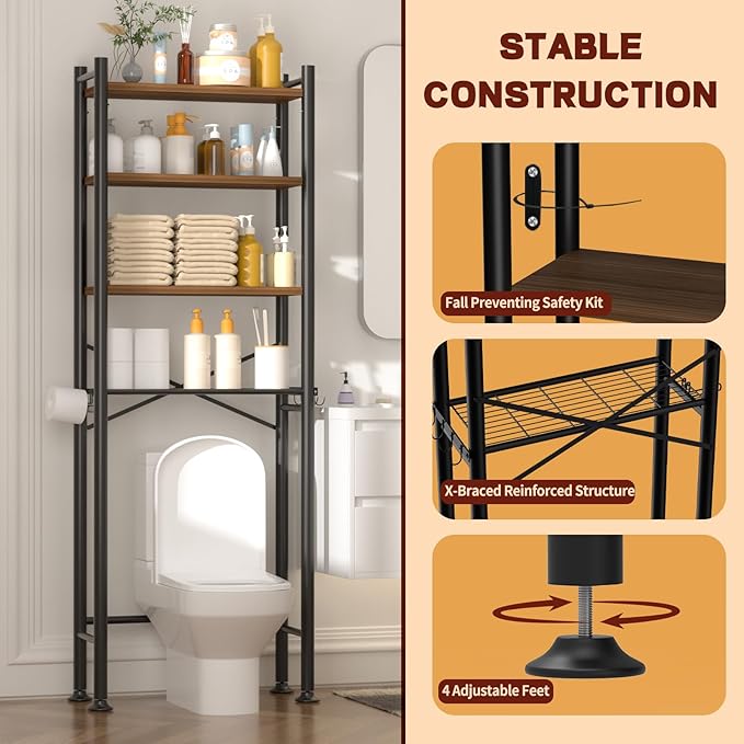 GloTika 4-Tier Over Toilet Storage with Anti-Tilt Safety System - 150lb Total Capacity Metal Bathroom Shelves Including Paper Holder & 4 Hooks, Space Saving Above Commode Organizer (69.3" H, Brown)