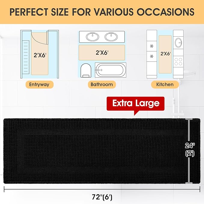 IM HOME Extra Large Waffle Bath Mat, Boho Bathroom Rugs Absorbent Non Slip, Soft Bathroom Mats, Machine Washable Knit Bath Rugs with Tassels for Bathroom, Bedroom, Kitchen, Shower, Tub, Black, 6'x2'