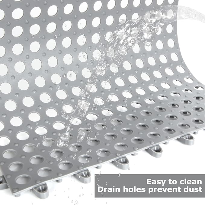 16 Pack 11.8" x 11.8" Interlocking Rubber Floor Tiles Soft PVC Non Slip Shower Floor Mat Pool Bathtub Drain Tiles for Flooring, Drainage Mats for Pool, Deck, Patio, Basement, Kennel, Poultry, Grey