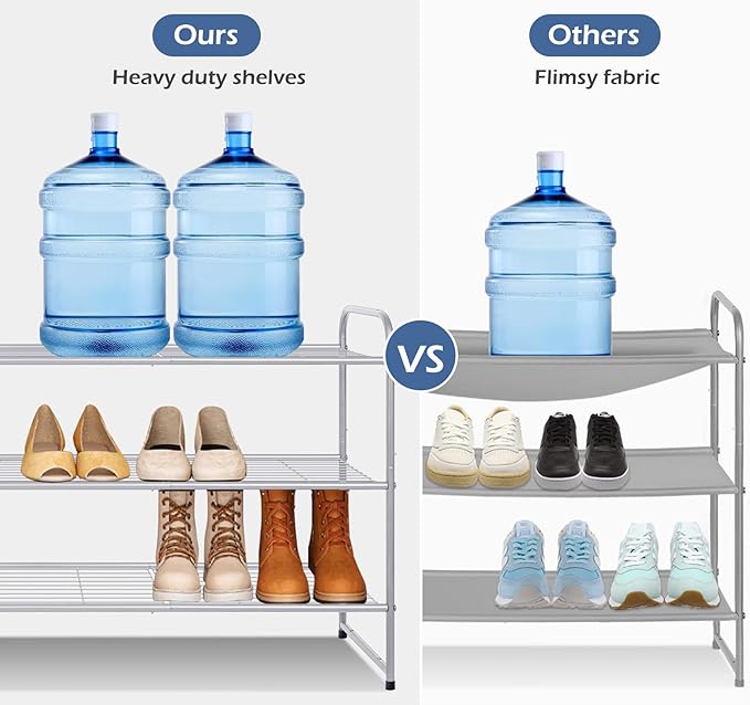 KEETDY 3-Tier Long Shoe Rack for Closet Metal Shoe Organizer for Entryway, Wide Stackable Shoe Storage Shelf with Sturdy Wire Grid for Closet Floor, Bedroom, Grey