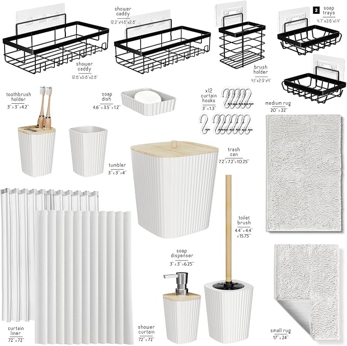 Clara Clark Bathroom Accessories Set - 27PC Bathroom Set with Adhesive Corner Shower Caddy Hanging, Bathroom Sets with Shower Curtain and Rugs, White Shower Curtain Set with Bathroom Trash Can