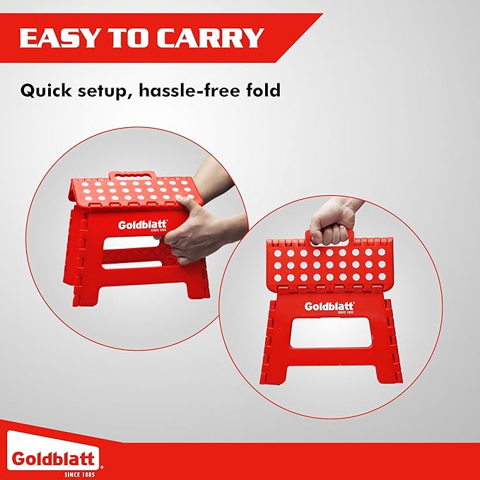 Goldblatt 8.5" Folding Step Stool for Adults and Kids, Lightweight Heavy-Duty Plastic Portable Foldable Stool with Non-Slip Top and Anti-Skid Feet, 300 lbs Capacity, Kitchen & Bathroom, Red