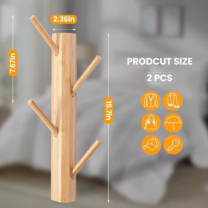 TIOPGHAD 2 Pack Small Vertical Coat Rack Wall Mount, Bamboo Coats Hooks Clothes Holder Hanger for Wall Coat Hat Jacket Clothing Bathroom Robes Entryway(Natural)
