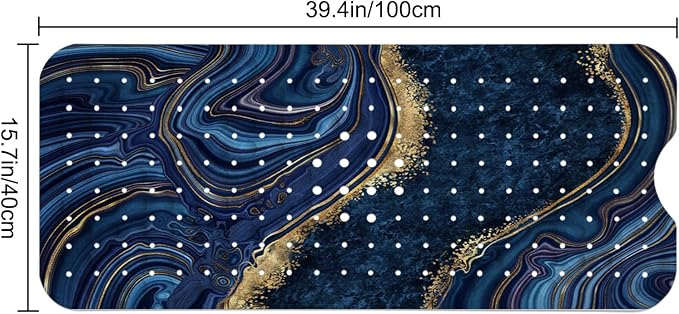 LNOND Marble Bath Tub Mat Non Slip, Extra Long 40 X 16 Inch Anti Slip Mat for Bathtub, Blue Luxury Marble Shower Mat with Drain Holes and Suction Cups, Machine Washable