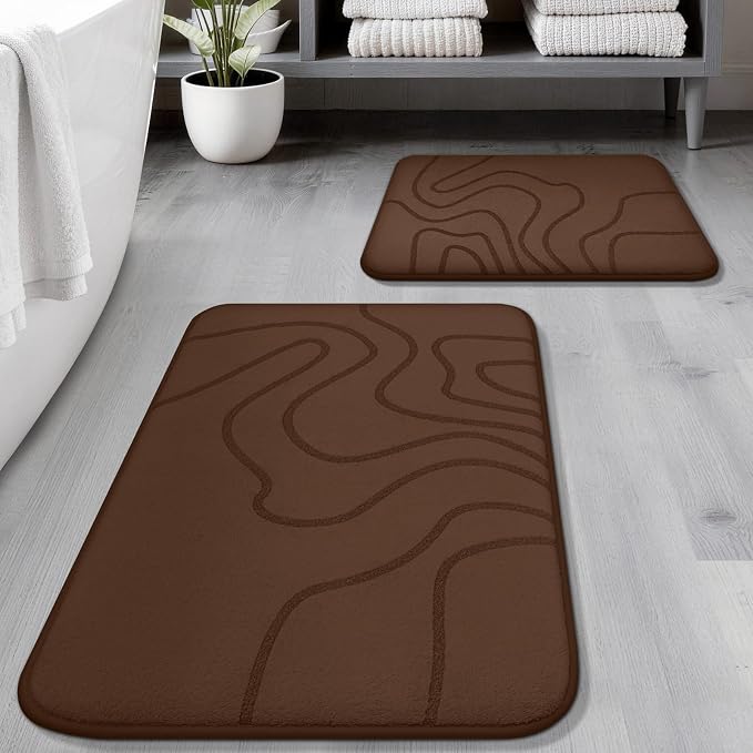 YIHOUSE Memory Foam Bathroom Rugs Sets 2 Piece - Extra Thick Ultra Soft Absorbent Bath Mat Set, Non-Slip Machine Washable Bath Rugs for Bathroom, Tub & Shower, Home Decor (32"x20"+24"x17", Coffee)