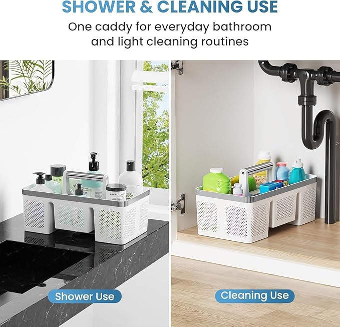 BYUNER Plastic Shower Caddy Dorm: Portable Shower Basket Tote with Handle, 4 Compartments, All-Side Drainage, Hard Bathroom & Cleaning Caddy Organizer for college Dorm Room Essentials, White/Silver