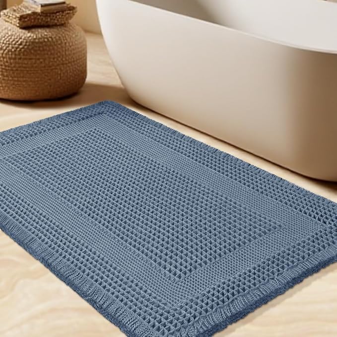 Upgrade Waffle Bath Mat, Boho Bathroom Rugs Absorbent Non Slip, Ultra Soft Bathroom Mat, Machine Washable Knit Bath Rugs with Tassels for Bathroom, Bedroom, Kitchen, Shower, Tub, 32"x20", Blue