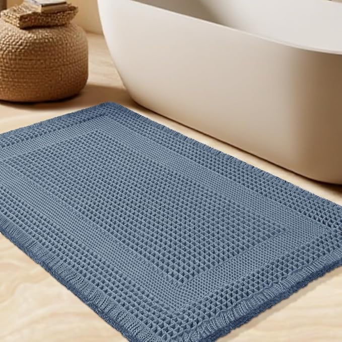 Upgrade Waffle Bath Mat, Boho Bathroom Rugs Absorbent Non Slip, Ultra Soft Bathroom Mat, Machine Washable Knit Bath Rugs with Tassels for Bathroom, Bedroom, Kitchen, Shower, Tub, 36"x24", Blue