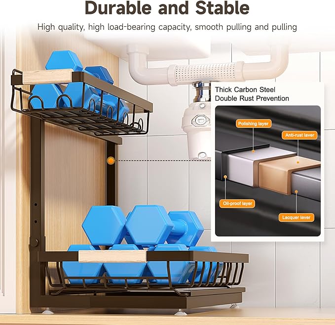 Sevenblue 2 Packs Under Sink Organizer, Height Adjustable 2 Tier Under Kitchen Sink Organizer, Multi-Purpose Storage Shelf for Kitchen Bathroom Cabinet (Brown, Large)