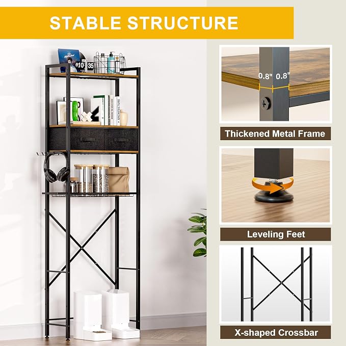Over The Toilet Storage with Adjustable Wooden Shelves and 2 Fabric Drawers, 4-Tier Over Toilet Bathroom Organizer, Small Freestanding Storage Shelf for Toilet Paper, Towels, Toiletries