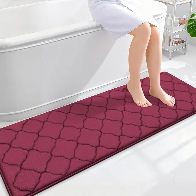 OLANLY Memory Foam Bath Mat Rug 59x20, Ultra Soft and Absorbent Bathroom Rugs, Non-Slip, Comfortable, Machine Washable Bath Carpet for Bathroom Floor, Tub, Shower and Home Decor Accessories, Burgundy