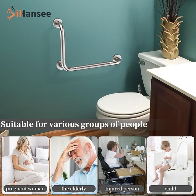 L-Shaped Angled Grab Bar 12x16 Inch Brushed Nickel Anti-slip Knurled Shower Handle Wall Mount, Stainless Steel Shower Bar for Seniors Injured Balance Support, Handicap Grab Bars for Bathtubs & Showers