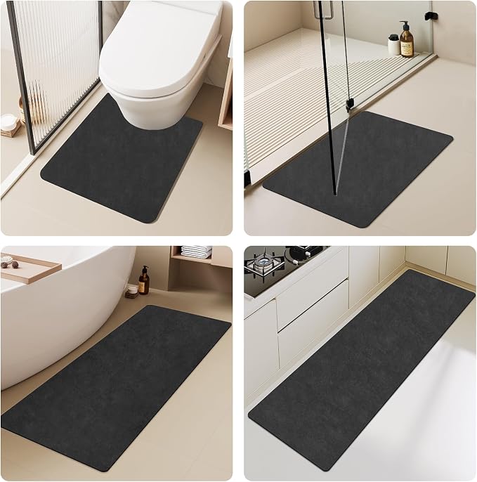 TYUU Black Bath Mat, Bathroom Rugs Non Slip Washable Thin Absorbent Quick Dry Bath Mat Fits Under Door Bathroom Floor Mat Perfect for Bath, Shower, or Sink 16"x24" Black