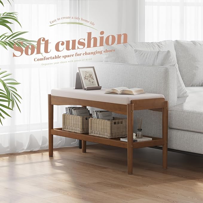 STDDRE Shoe Bench Entryway Bamboo 2-Tier Shoe Rack with Cushion Padded Seat Shoe Bench Organizer Stable for Entry, Hallway, Living Room, Bedroom, Closet (31.5 * 11.4 * 16.5IN, Brown-Beige)