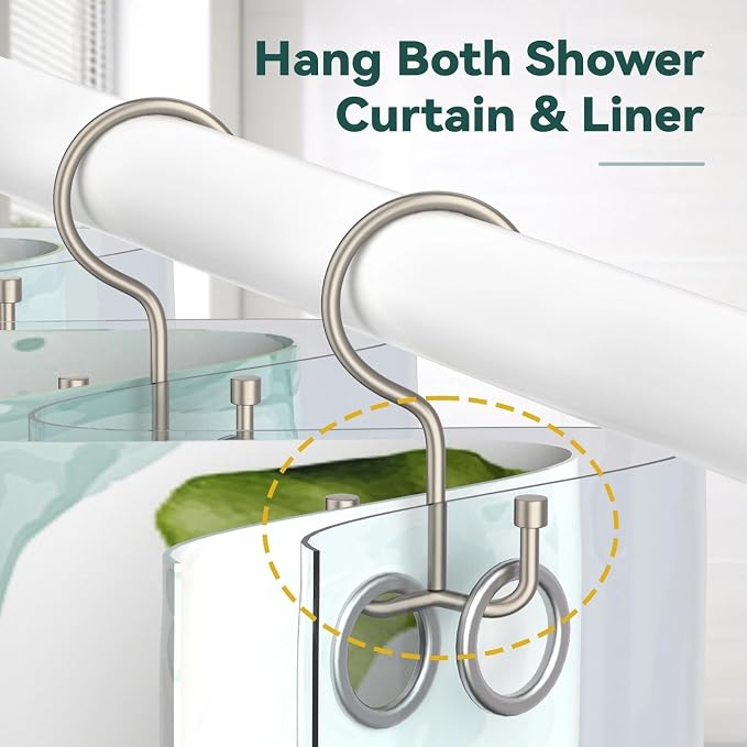 Goowin Shower Curtain Hooks, Shower Curtain Rings, Metal Shower Curtain Hangers Rust Proof, Double Glide Shower Rings for Curtain, Shower Hooks for Shower Curtain, Matte Nickel, 12 Pack-Cylinders