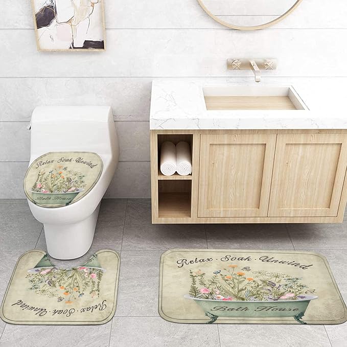 Nkzply 4 Pcs Green Floral Shower Curtain Set Vintage Flowers Leaves Bathroom Sets with Shower Curtain and Rugs Rustic Plant Farmhouse Bathroom Decor Country Bathtub Bathroom Rugs Toilet Lid Cover