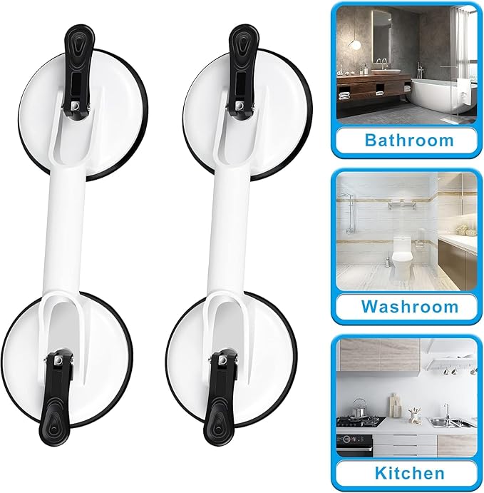 FCHO Glass Suction Cups Heavy Duty Aluminum Vacuum Plate Handle Glass Holder Hooks to Lift Large Glass/Tile Suction Cup Lifter/Dent Puller/Bathroom Safety Grab Bar (White2 Pack)