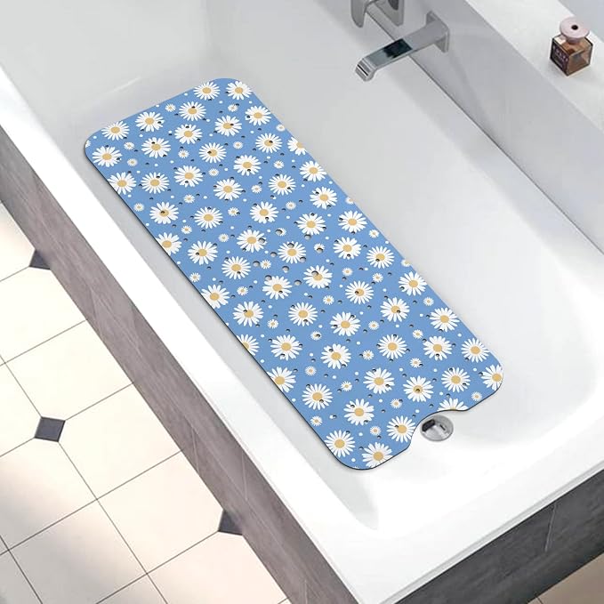 Bathtub Mat Non Slip, Daisy Extra Long Bath tub Mat Shower Floor Mat with Suction Cups and Drain Holes for Adults Kids Elderly 40 X 16 Inch
