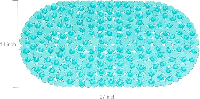 WELTRXE Pebbles Bath Mat Oval Non-Slip Bathtub Mat with Suction Cups, Drain Holes for Bathroom Showers, Tub, Machine Washable, BPA, Latex Free Safe Shower Mats, 27 x 14 Inch, Teal
