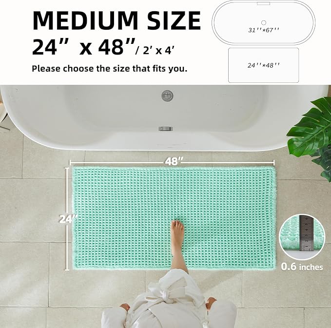 TYUU Waffle Bath Mat, Boho Bathroom Rugs Non Slip Washable Super Absorbent Quick Dry Cute Bath Mat Farmhouse Bathroom Decor, 48"x24" Aqua Blue