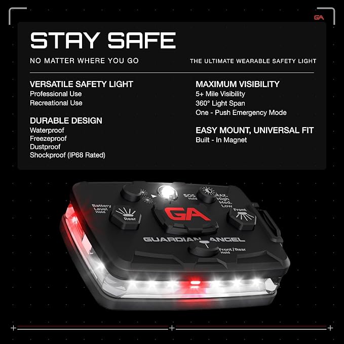 Guardian Angel Elite Series Safety Light, Beacon Device (White Front & White/Red Rear) Rechargeable, Magnetic, Hands-Free Wearable & Mountable LED Flashlight For First Responders, Firefighter & Rescue