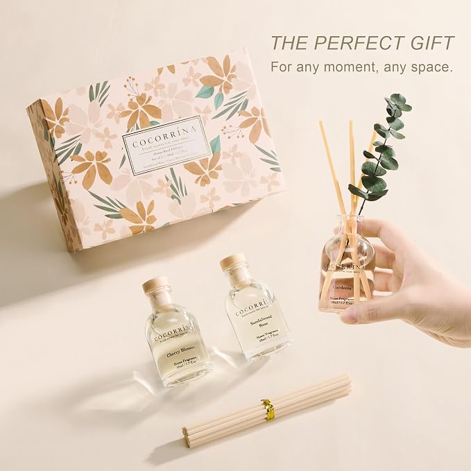 COCORRÍNA Eucalyptus Reed Diffuser Set of 3 - Sandalwood Rose, Cherry Blossom, Gardenia Scents, 1.7 fl oz Each, Total 5.1 oz, Scented Oil Diffusers for Home & Office