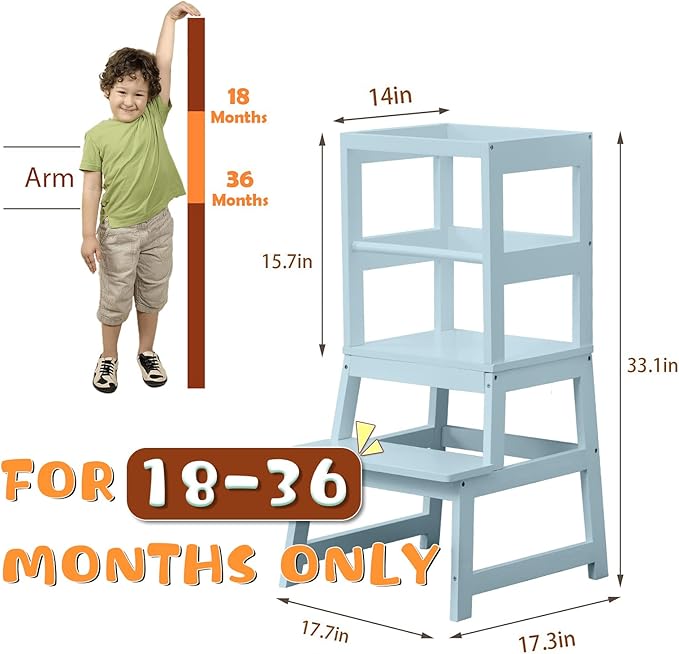 Kitchen Step Stool for Toddlers with Non-Slip Mat, WOOD CITY Wooden Kids Montessori Learning Stool Tower, Toddler Standing Tower Helper for Kitchen Counter and Bathroom Sink(Grey-Blue)