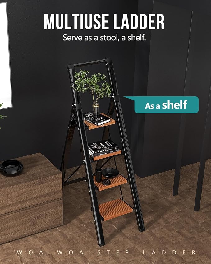 WOA WOA 4 Step Ladder, Ladders for Home, Anti-Slip Pedals, Aluminum Step Stool Foldable, Lightweight to Move, Ease of Storage, Reach 9ft for Closet Kitchen Library, Hold 300lbs - Black&Wood Grain
