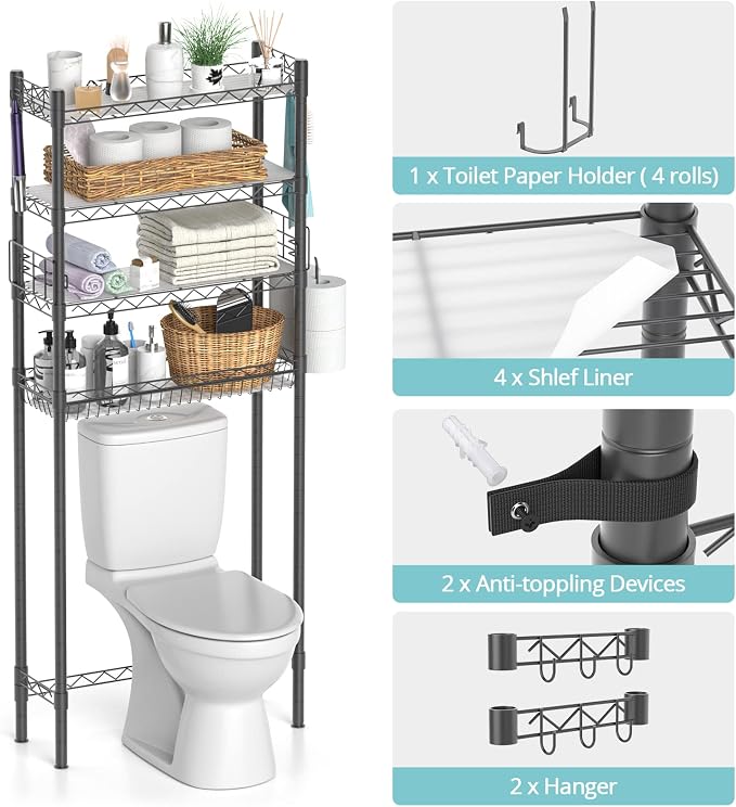 Hodonas 4-Tier Over The Toilet Storage, Adjustable Over Toilet Bathroom Organizer Rack, Freestanding Bathroom Shelves Above Toilet Storage, Sturdy Bathroom Space Saver with Basket and Shelves, Gray