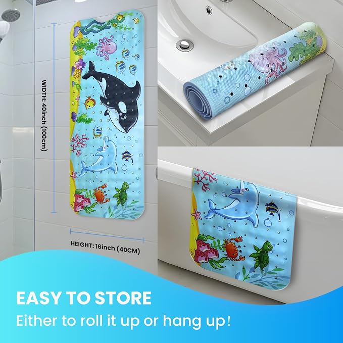 Baby Bath Tub Mat, 40 x 16 Inch Extra Large Non Slip Kids Cartoon Bathtub Shower Mats with Suction Cups & Drain Holes, Machine Washable for Bathroom, Undersea Whale & Dolphin