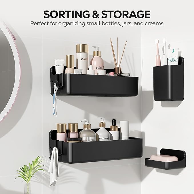 Nieifi Adhesive Wall Shelf, Shower Shelves, Shower Organizer for Bathroom Organization (Black, 4 pieces)
