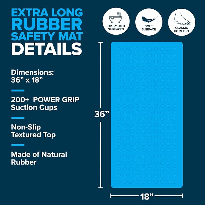 SlipX Solutions Extra Long Durable Rubber Safety Mat 36 x 18, Feel Safe and Surefooted Throughout your Bath or Shower, Extra Grippy Surface Texture and 220 Power Grip Suction Cups, Machine Wash, White