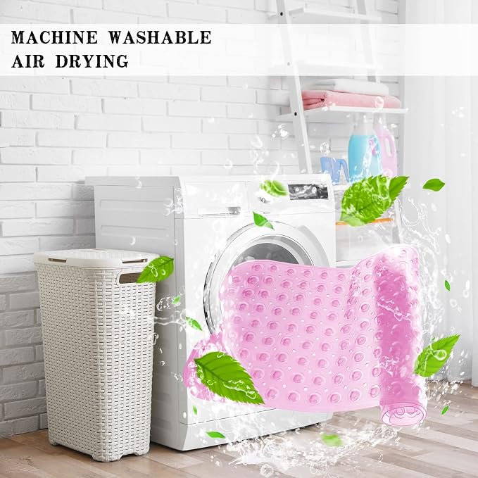 Bathtub and Shower Mats, Extra Long Non-Slip Bath Tub Mat 39 x 16 Inch, Machine Washable Bathmat with Suction Cups & Drain Holes for Bathroom Floor, Clear Pink