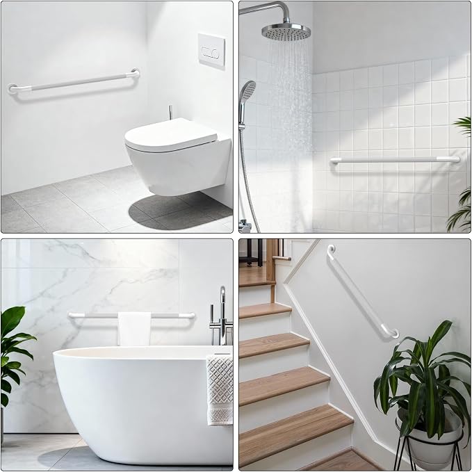 White Shower Grab Bar 36 Inch - 1.25" Diameter, iHansee Bathroom Grab Bar w/Anti-Slip Knurled Grip, Stainless Steel Bath Safety Bars for Senior Elderly, Wall Mounted Toilet Bathtub Balance Handrail