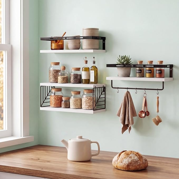 Fixwal Wall Mounted Bathroom Shelves Over Toilet, Rustic Wood Floating Shelves with Metal Frame and Towel Bar for Bathroom, Kitchen, Bedroom, Living Room (3 Plus 1 White)