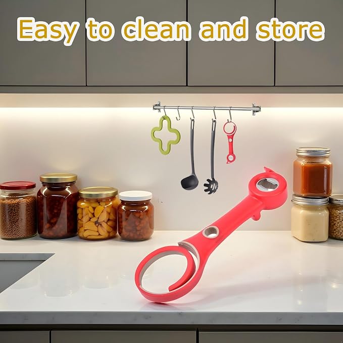 6in-1 Multi Functional Can Opener, Easy to Open Can/Beer/Jam Bottle Caps, labor-saving and anti slip handle, suitable for kitchen can openers, pull tab cans, vacuum caps, and twist caps(Red)